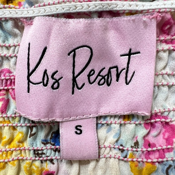 Kos‎ Resort Floral Smocked Maxi Dress Size S Pink Yellow Tie Strap Boho Cottage - Picture 5 of 10